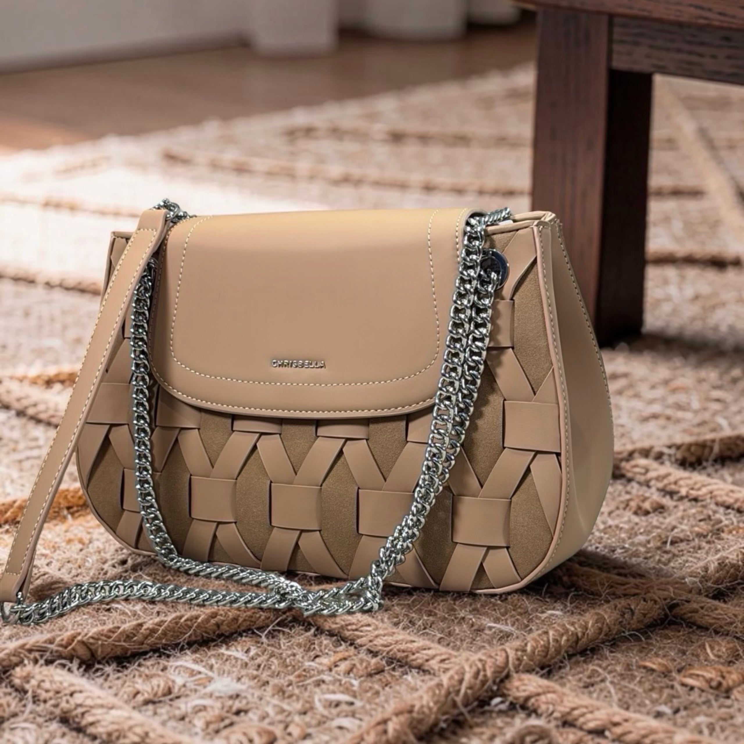 Chrisbella Woven Detail Chain Handle Sling bag in Beige