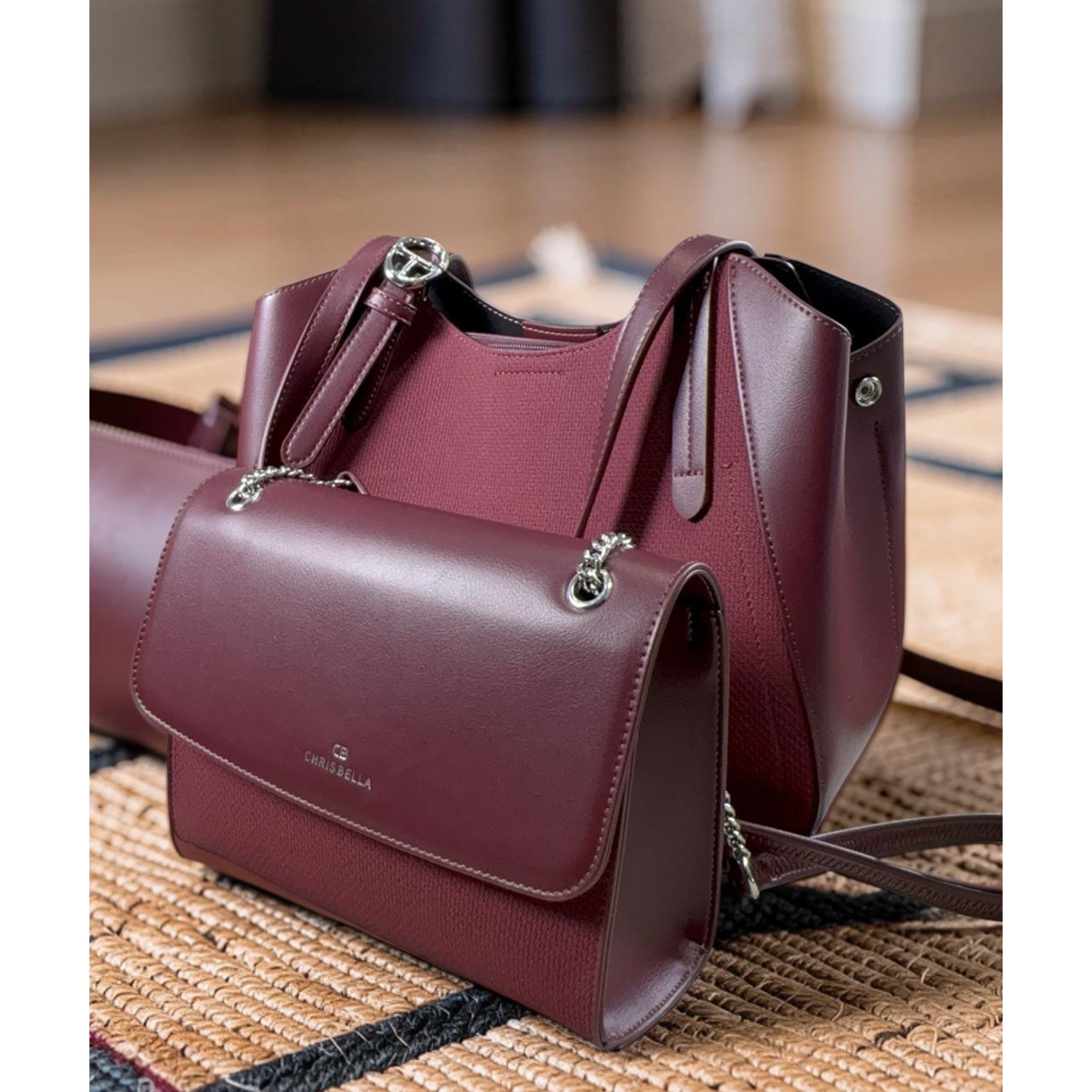 Chrisbella Leather Textured Fabric Contrast Bag in Burgundy