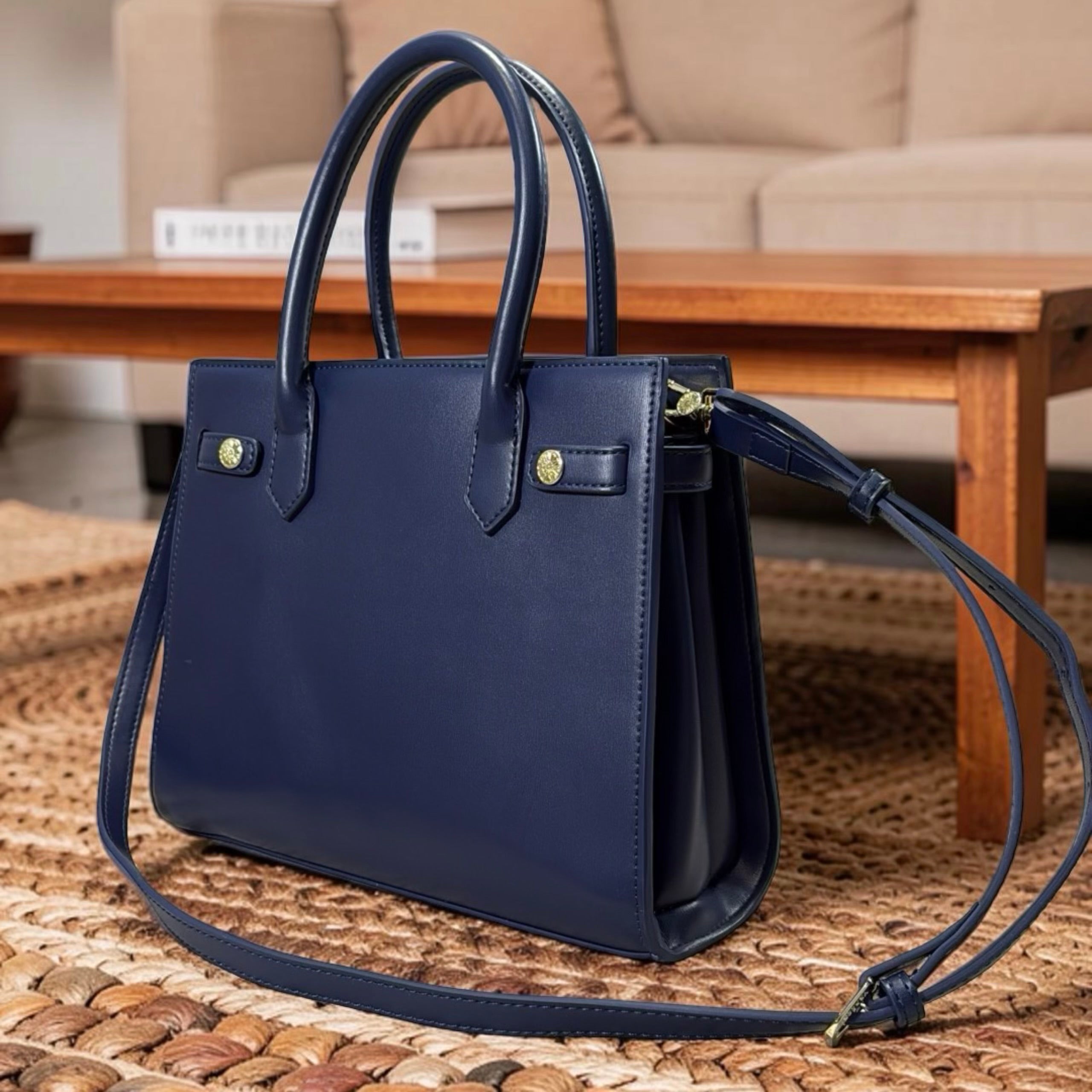 Versse Tassel Detail Structured Double Handle Bag in Navy