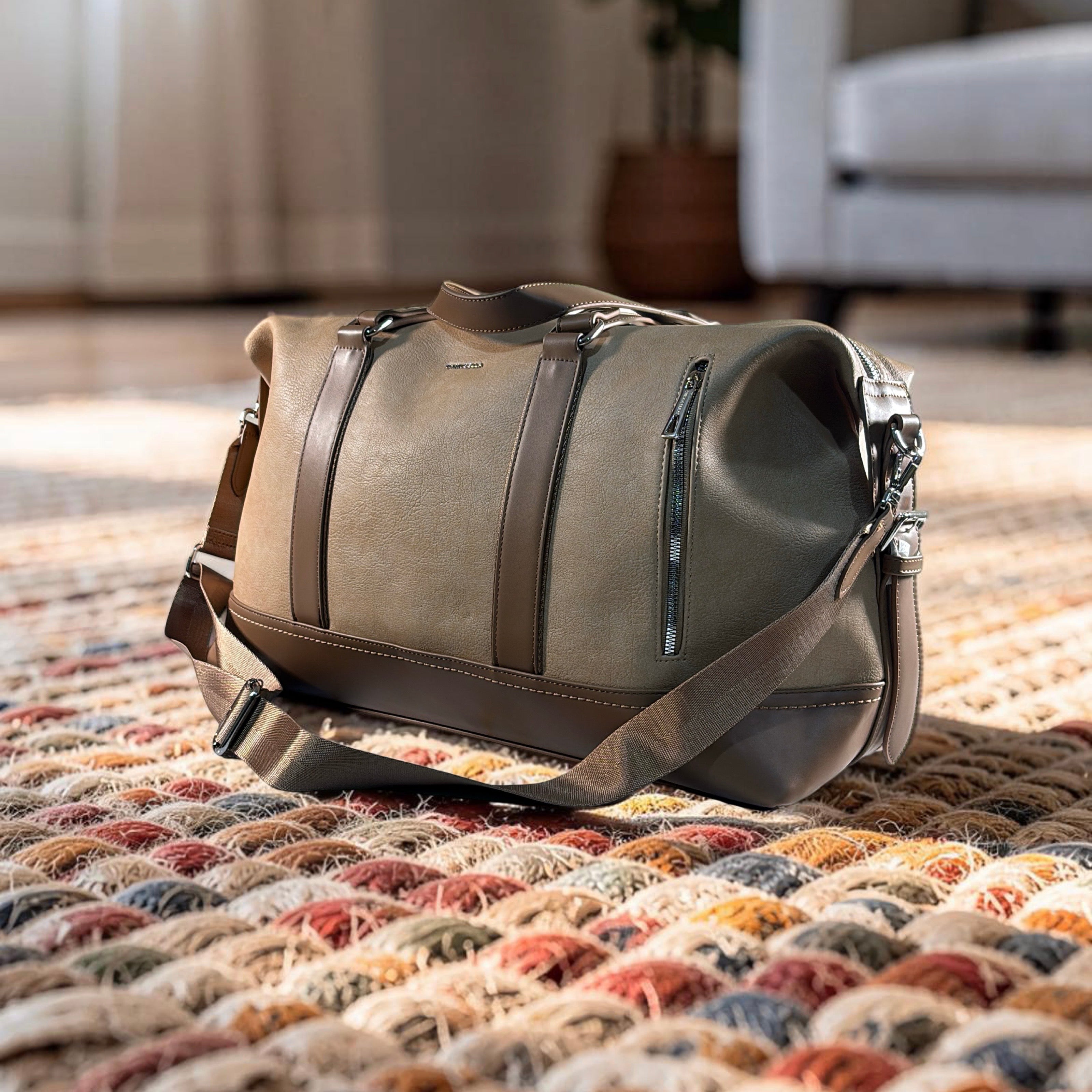 Chrisbella Leather Zip Design Travel Bag in Khaki