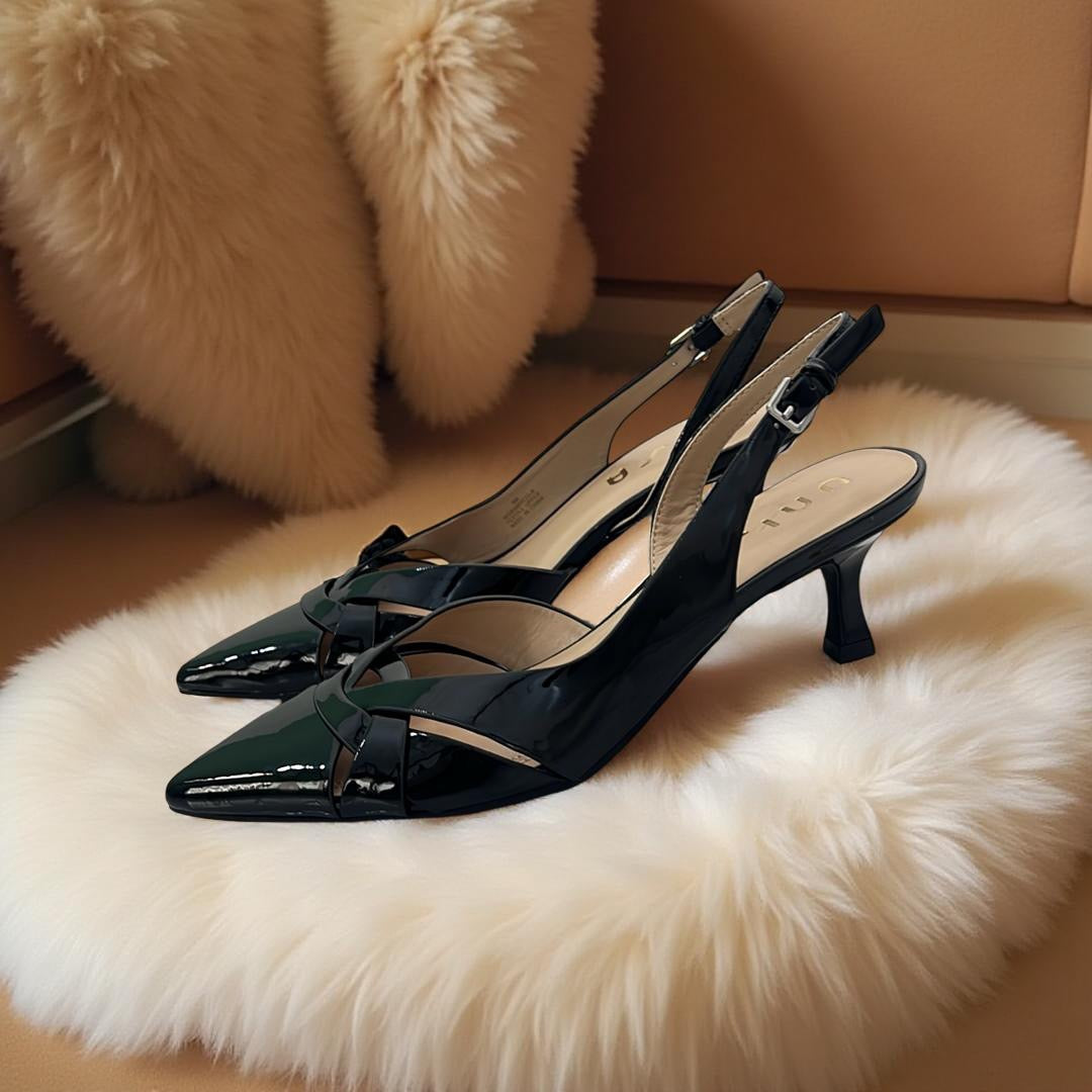 Unisa Patent Leather Pointed Toe Slingback Kitten Heels in Black