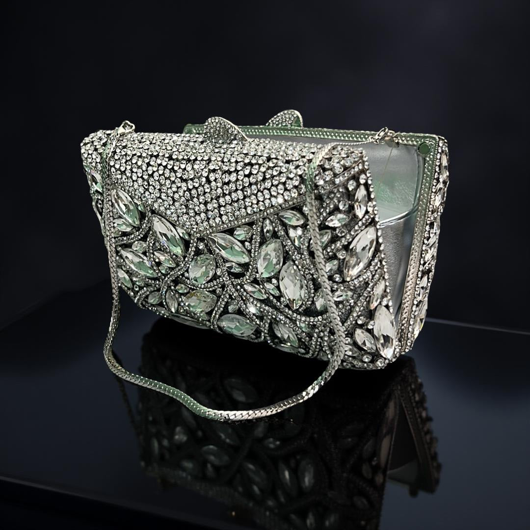Santiago Structured Clutch Party Purse with Stones in Silver