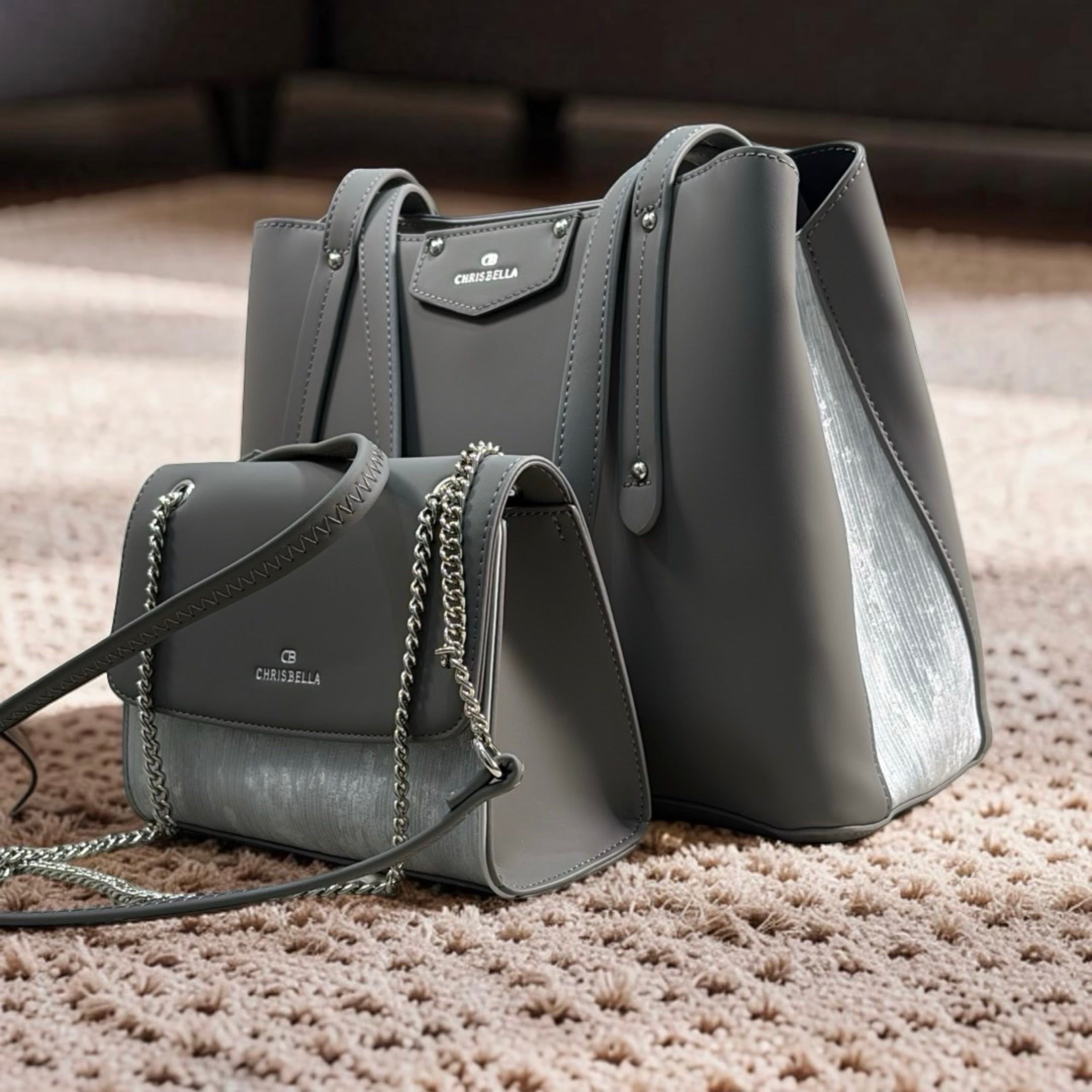 Chrisbella Triple Compartment 2-in-1 Shoulder Bag in Grey