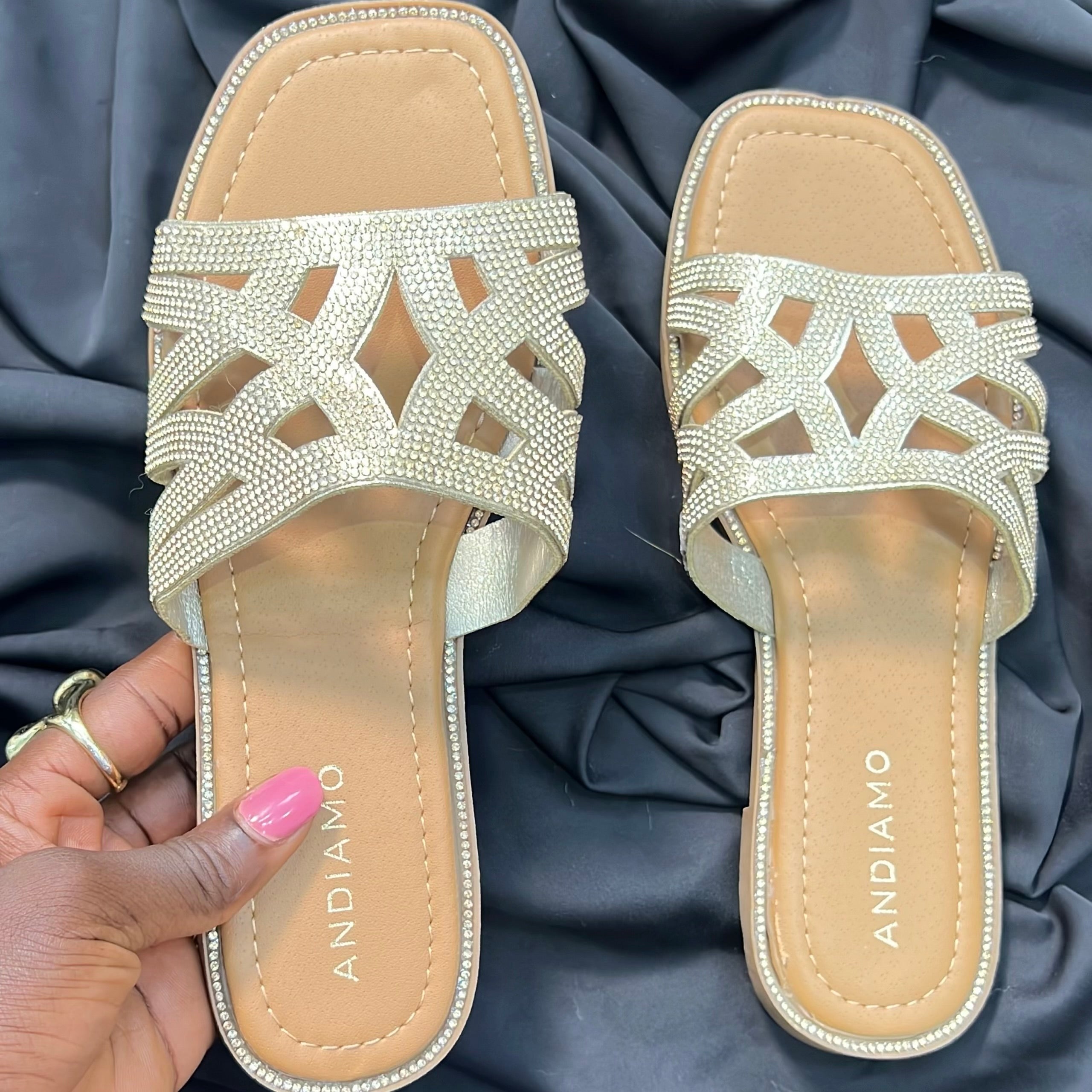 Andiamo Rhinestone Embellished Strap Slide In Gold