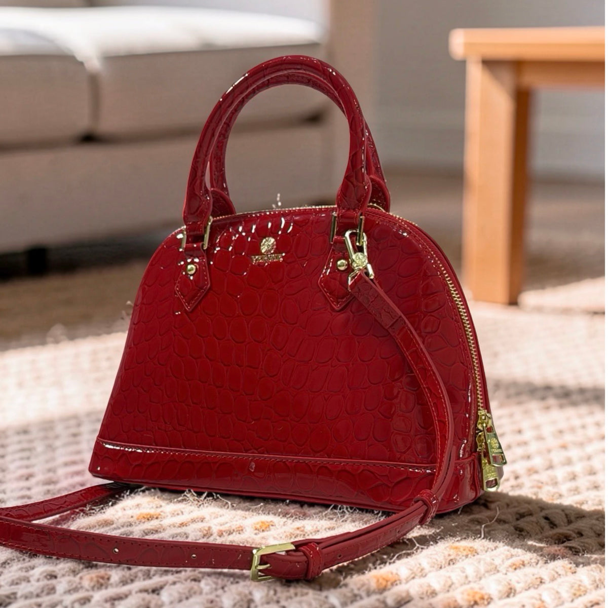 Versse Faux Croc Patent Leather Bag in Red
