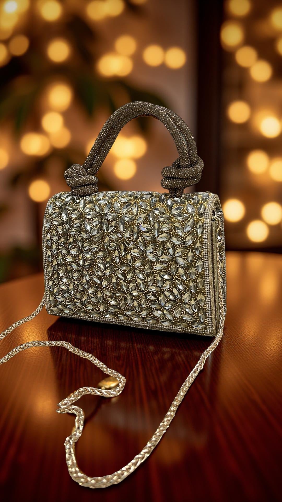Top Handle Tie-Knot Embellished Purse in Gold