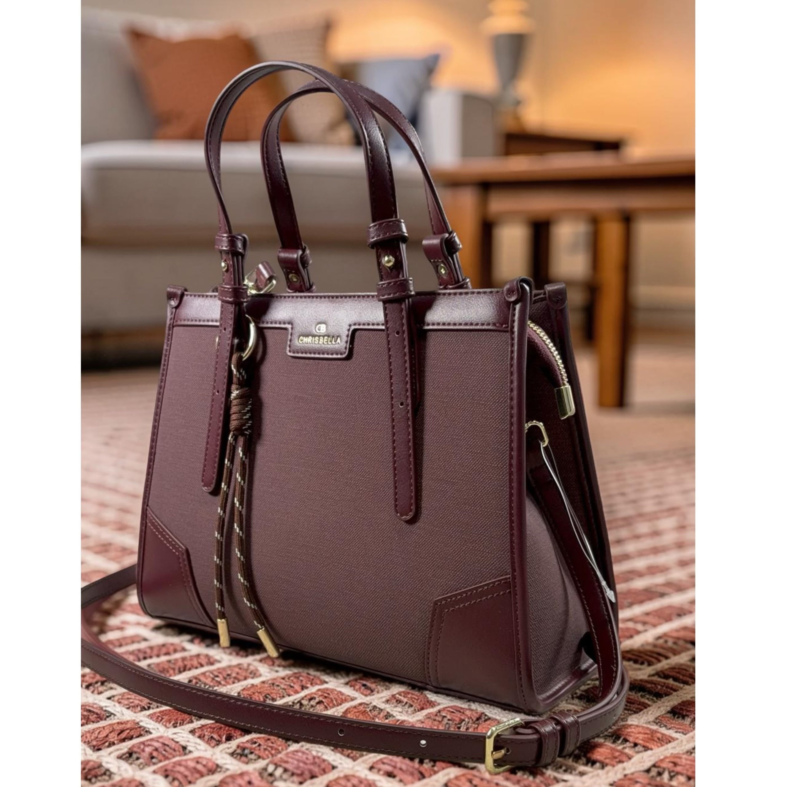 Chrisbella Double Top Handle Leather Tapping Bag in Burgundy