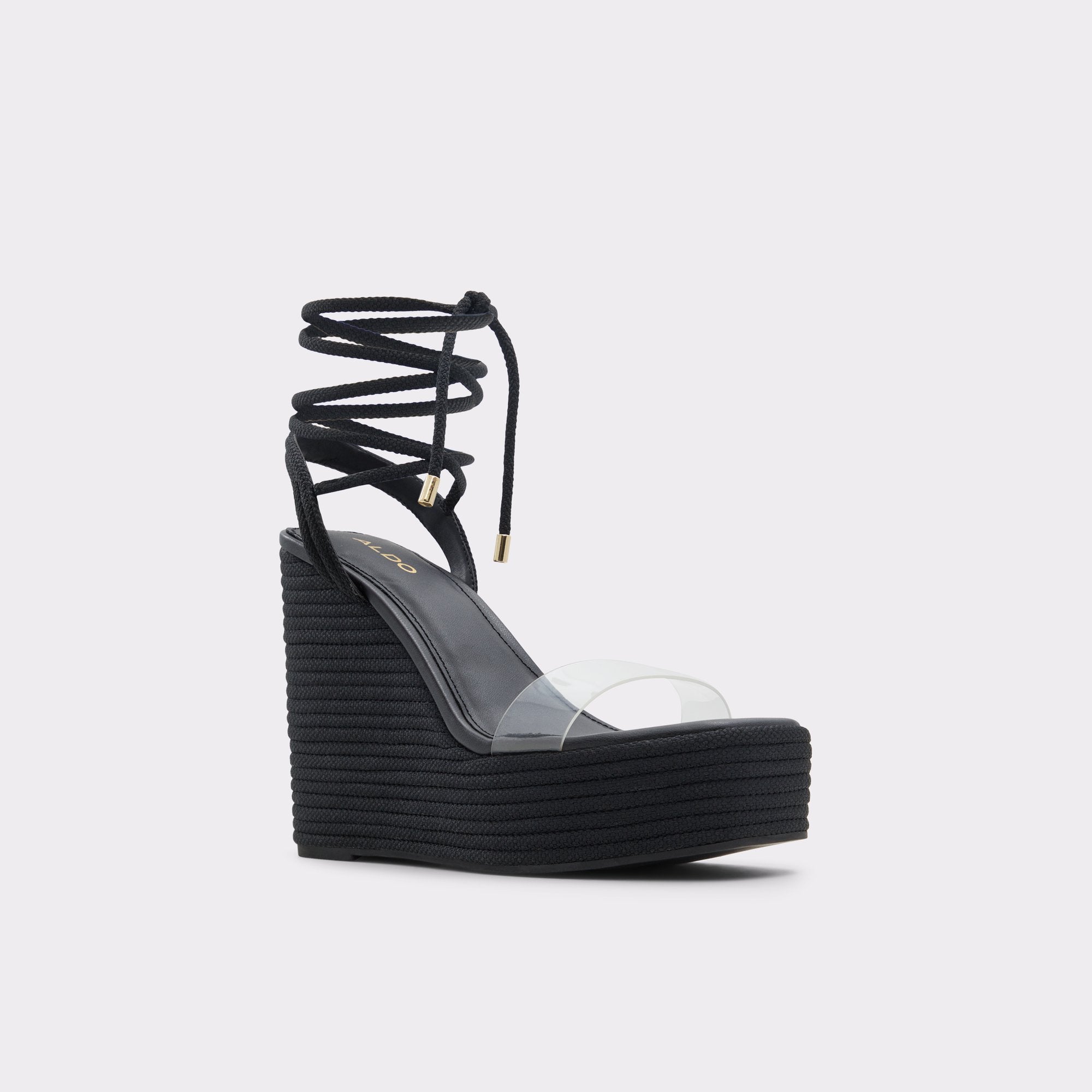ALDO BLACK ANKLE-TIE WEDGE SANDAL