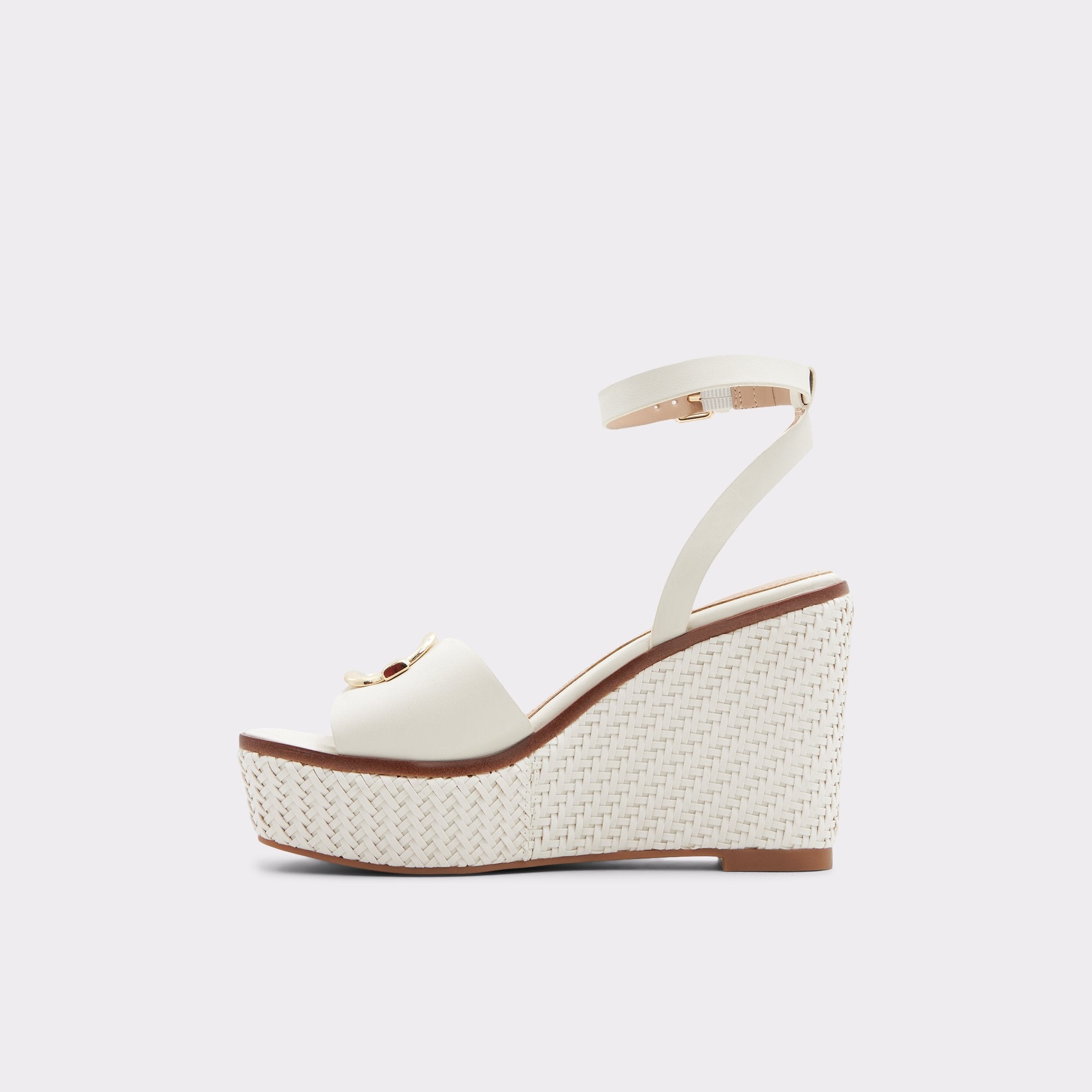 ALDO TAPPED GOLD EMBELLISHED WEDGE SANDAL IN OFF WHITE