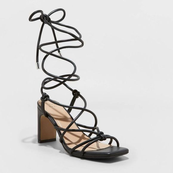 A NEW DAY BLACK ANKLE TIE SLIM BLOCK HEEL SANDAL