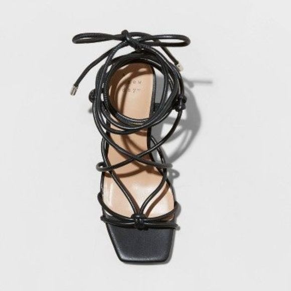 A NEW DAY BLACK ANKLE TIE SLIM BLOCK HEEL SANDAL
