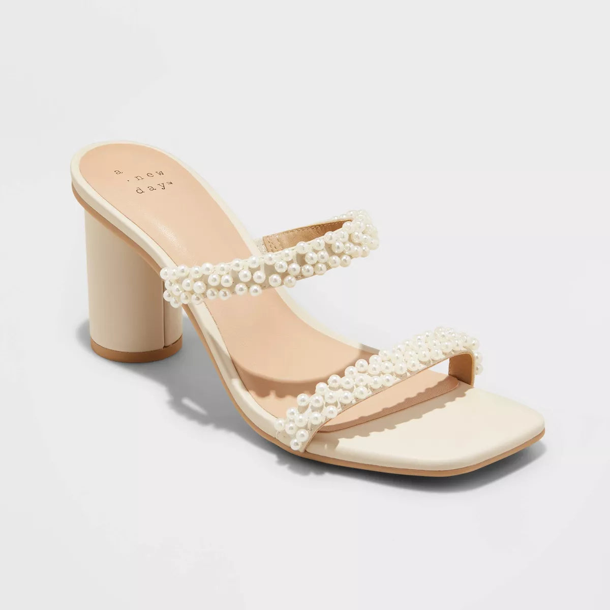A NEW DAY PEARL DOUBLE STRAP BLOCK HEEL MULE IN CREAM