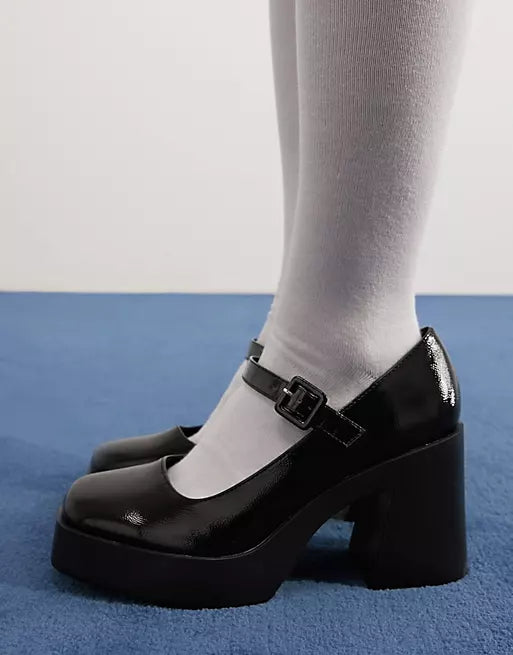 ASOS PATENT LEATHER ALMOND TOE MARYJANE SHOES IN BLACK