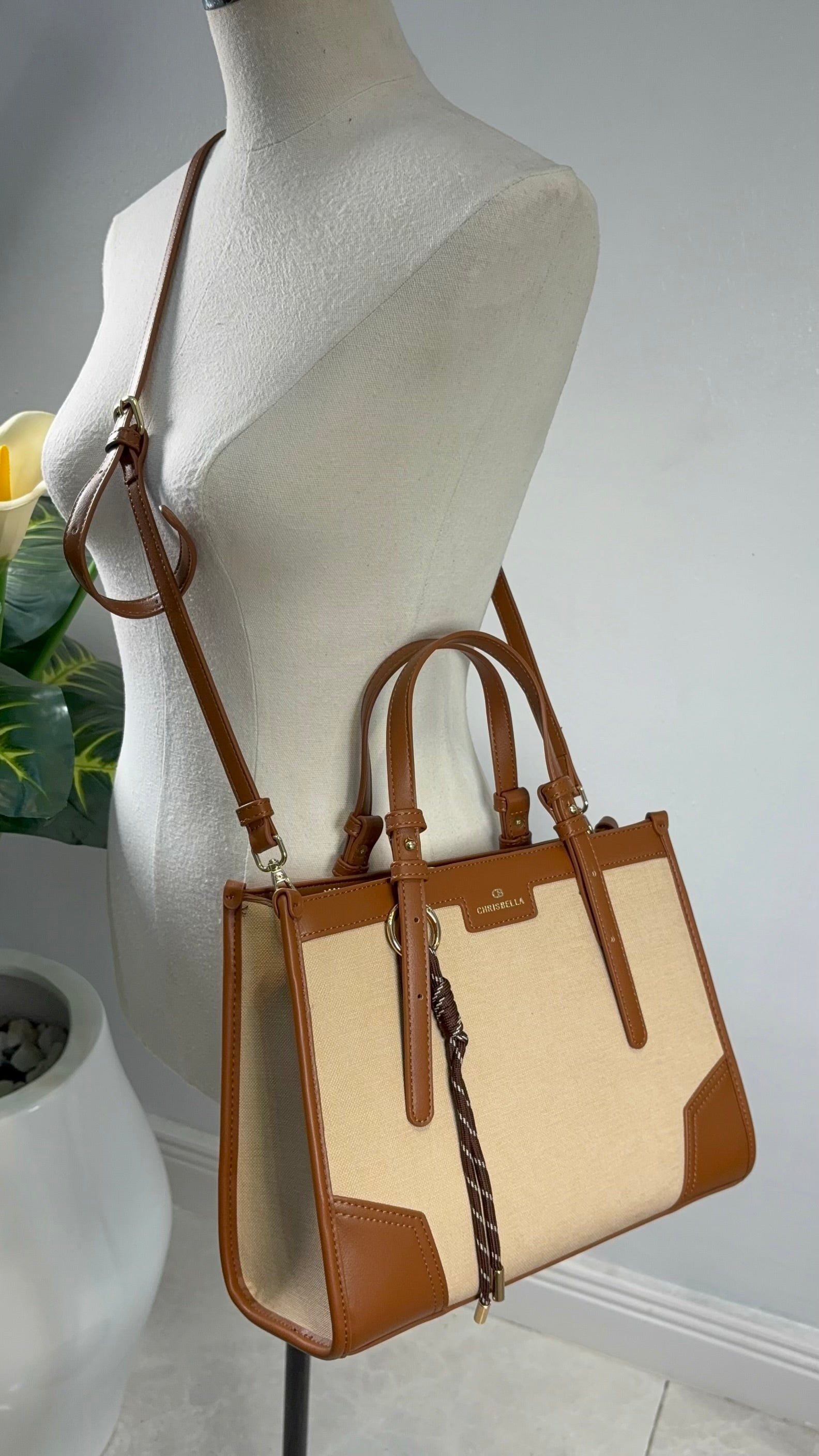Chrisbella Double Top Handle Leather Tapping Bag in Beige