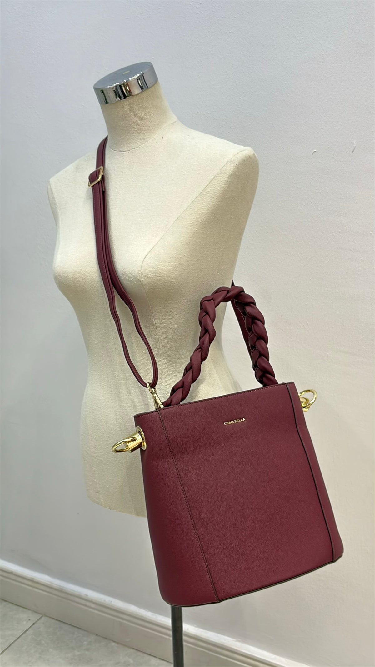 Chrisbella Drawstring Bucket Bag in Burgundy