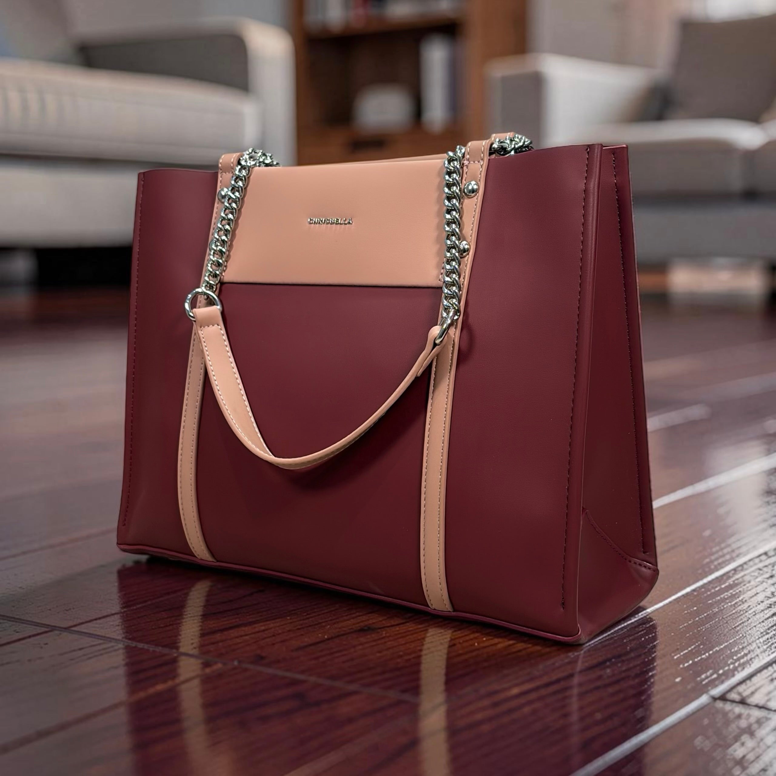 Chrisbella Two-Tone Chain Handle Bag in Burgundy