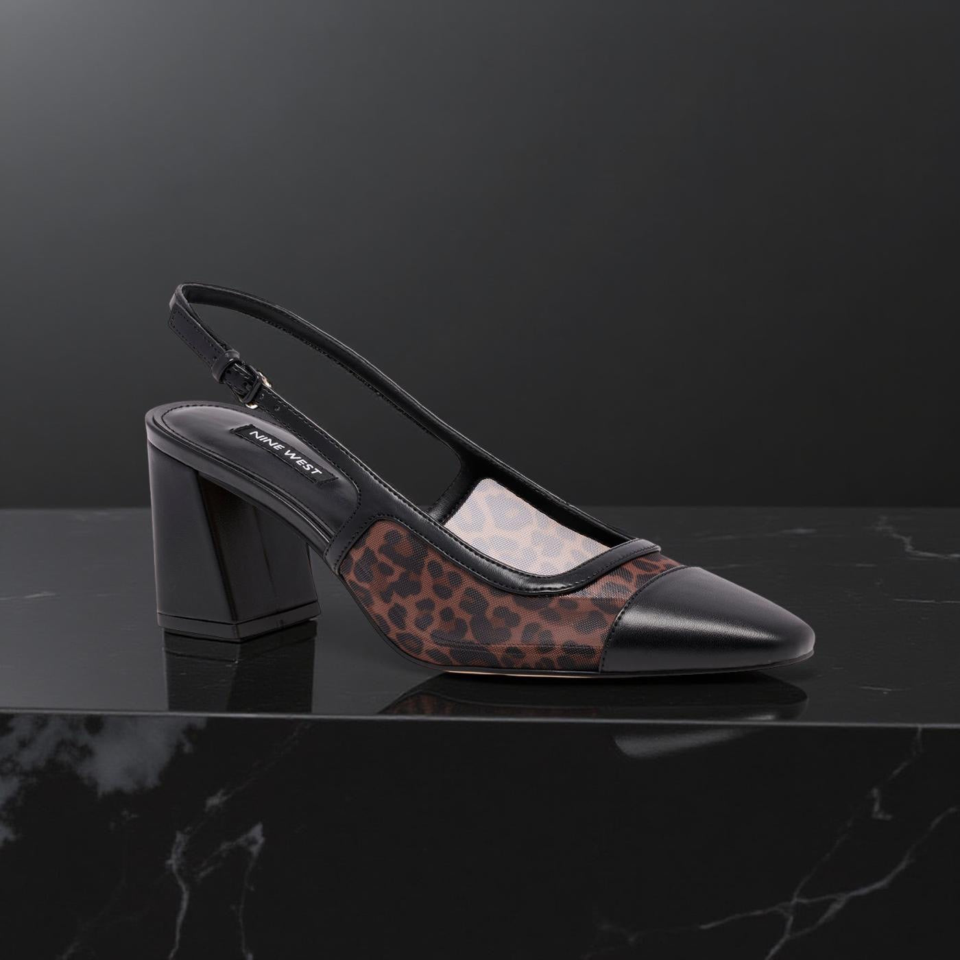Nine West Toe Cap Mesh-Insert Slingback Block Heel Pump in Black