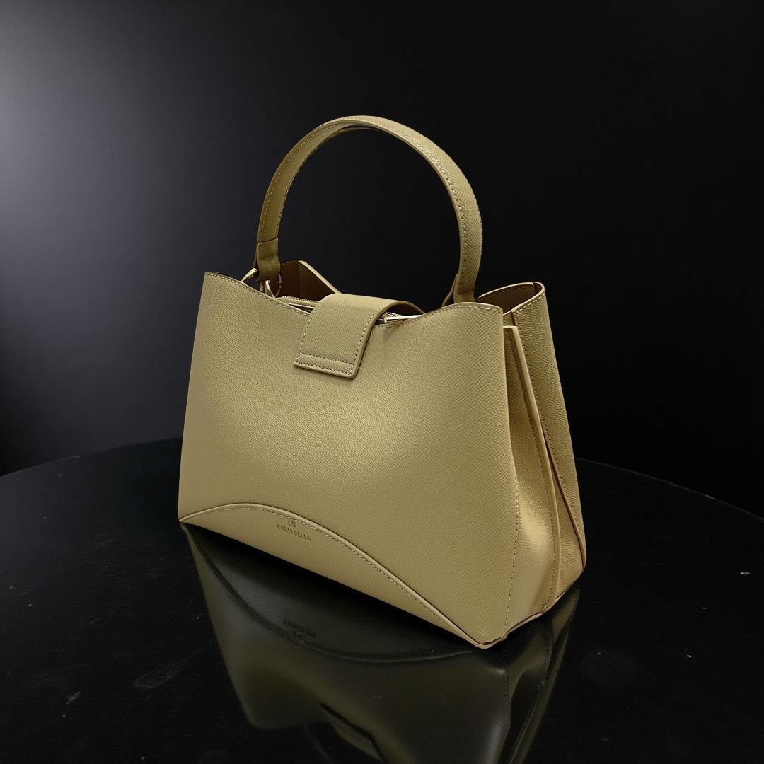 Chrisbella Leather Triple Compartment Bag in Beige