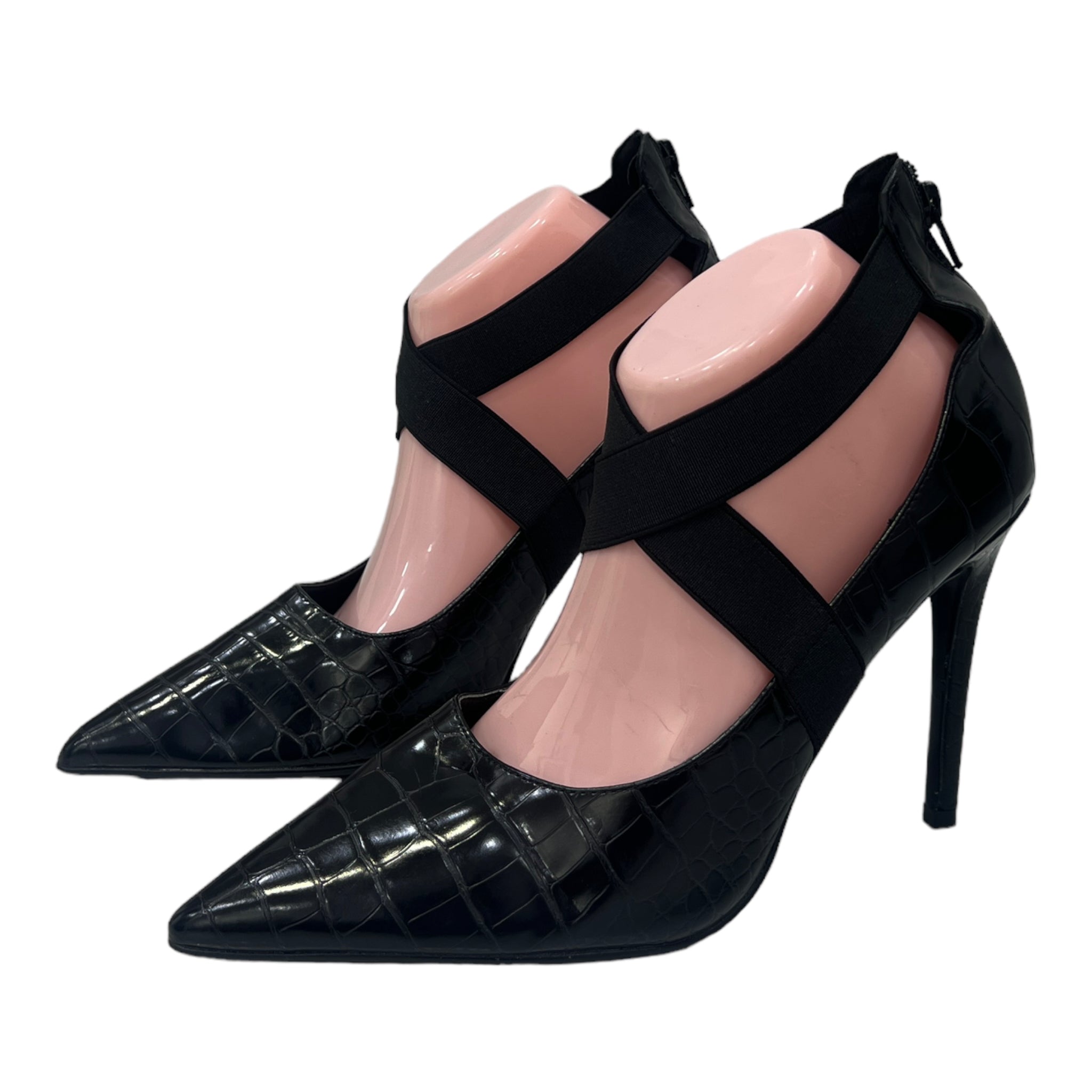 FIRST SHOW BLACK FAUX CROC ELASTIC CROS STRAP HEELS