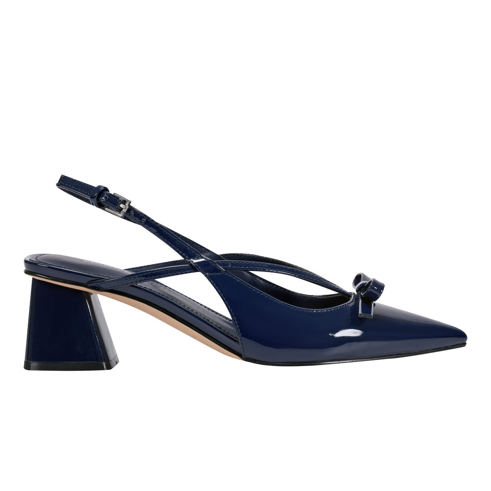 Marc Fisher Pointed Toe Bow Detail Block Heel Pump in Navy