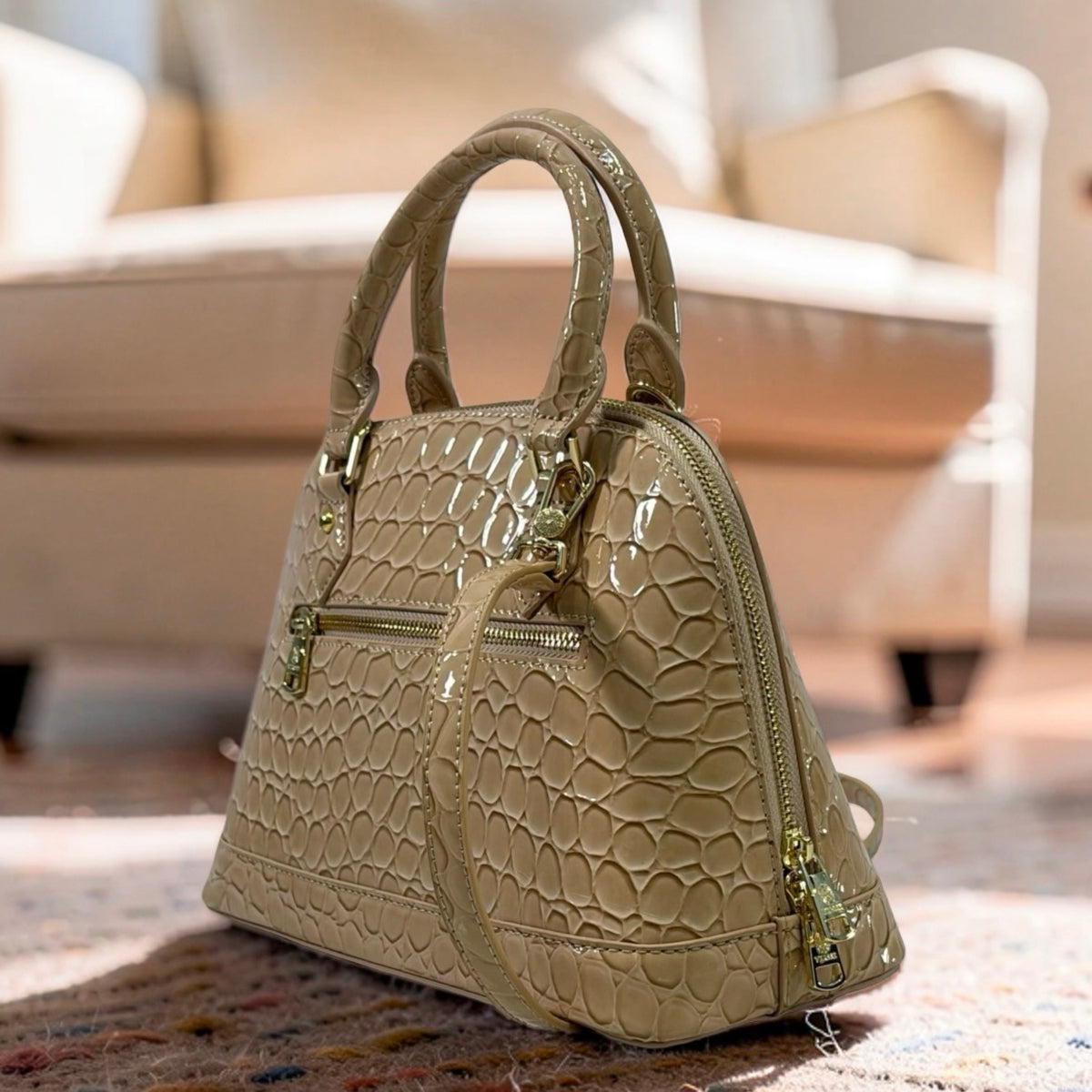 Versse Faux Croc Patent Leather Bag in Nude