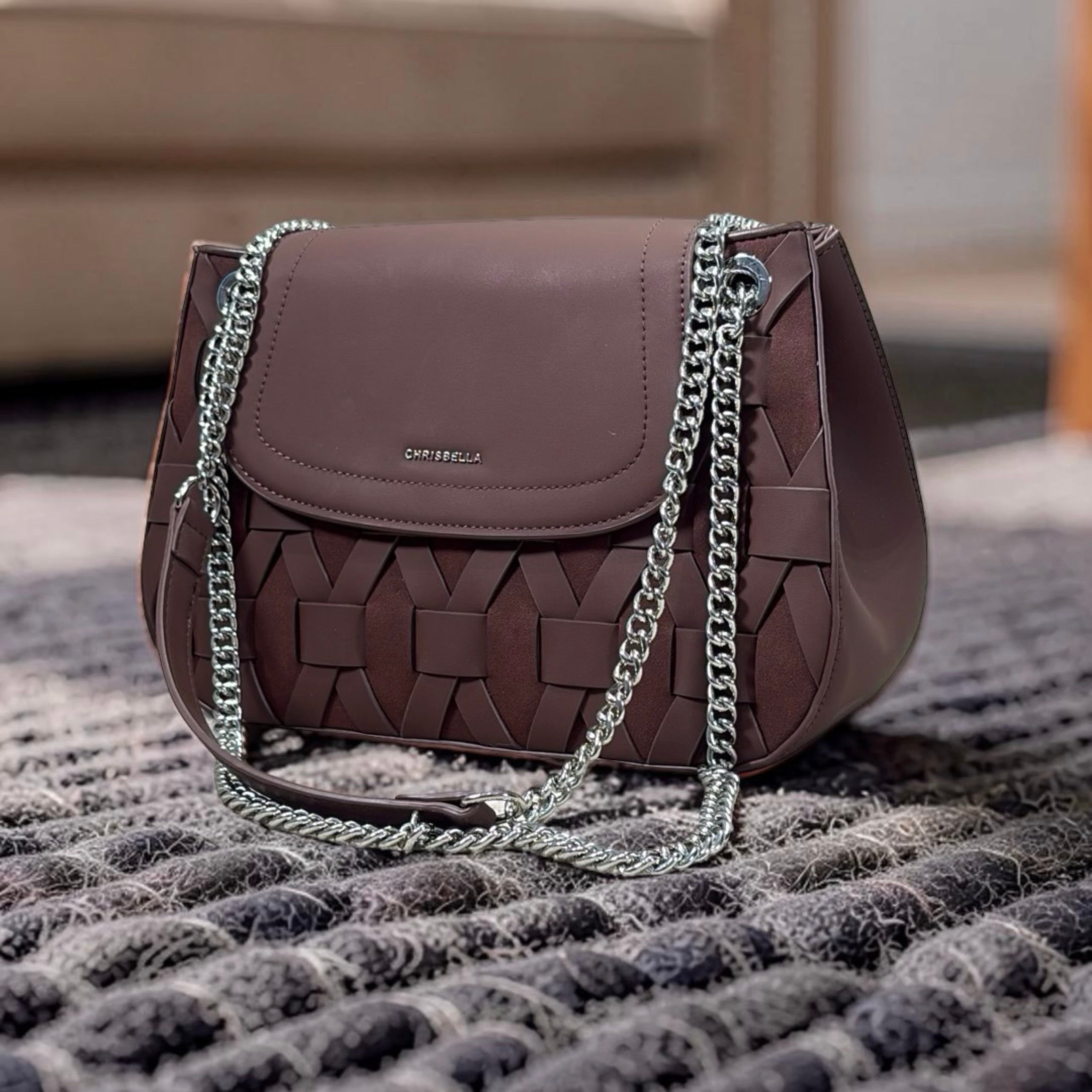 Chrisbella Woven Detail Chain Handle Sling bag in Coffee