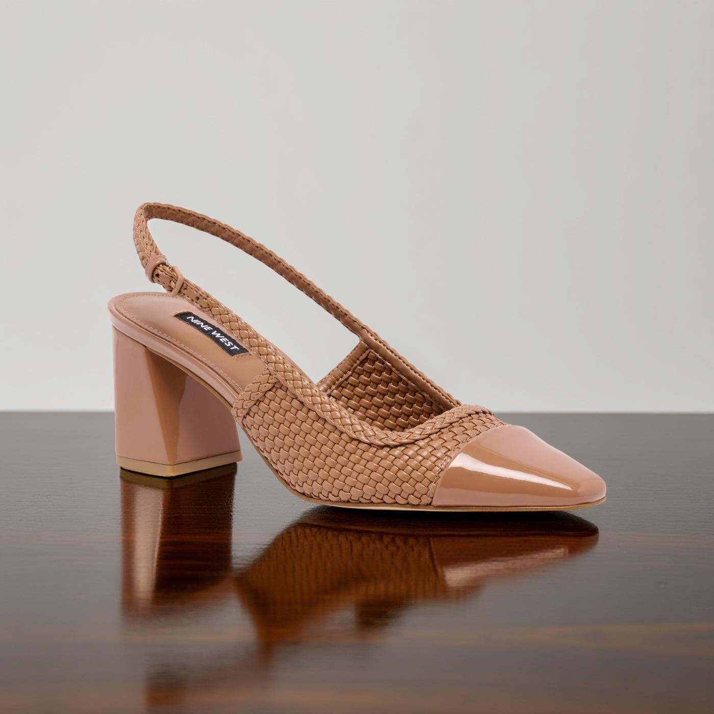 Nine West Toe Cap Woven Leather Block Heel Pump in Brown