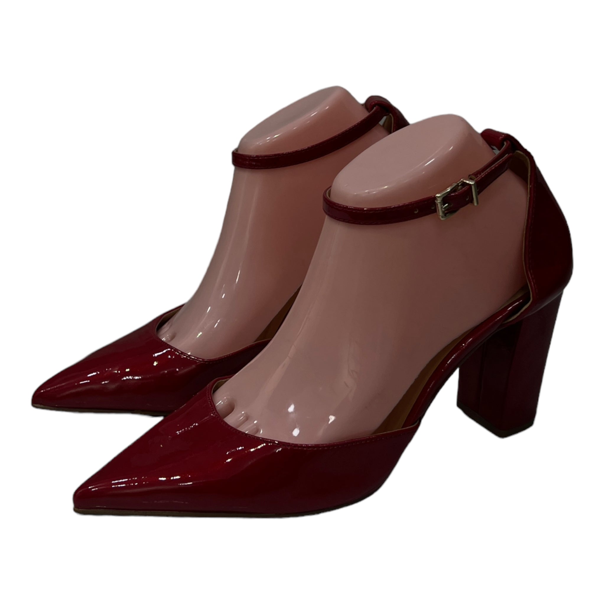 JESSICA SIMPOSN PATENT POINTED TOE BLOCK HEEL PUMP IN RED