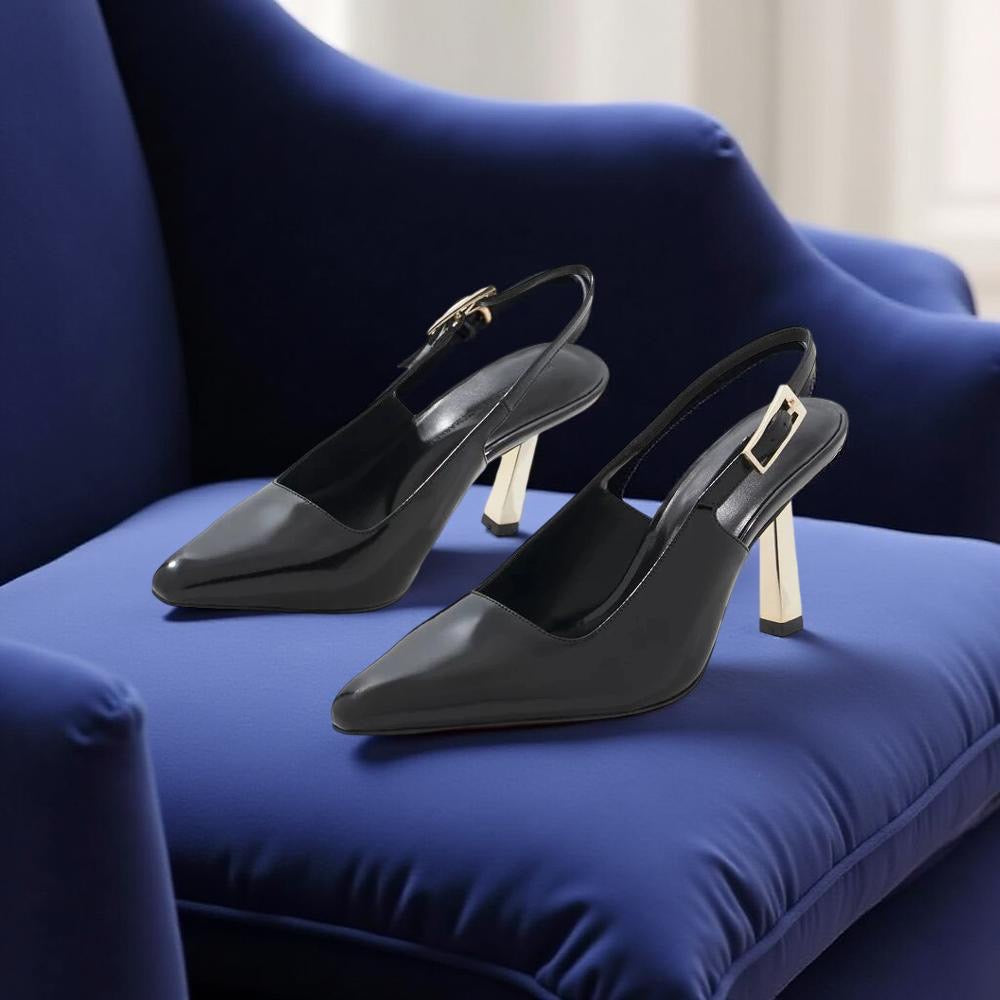 WHBM Leather Gold-Heeled Slingback Heels in Black