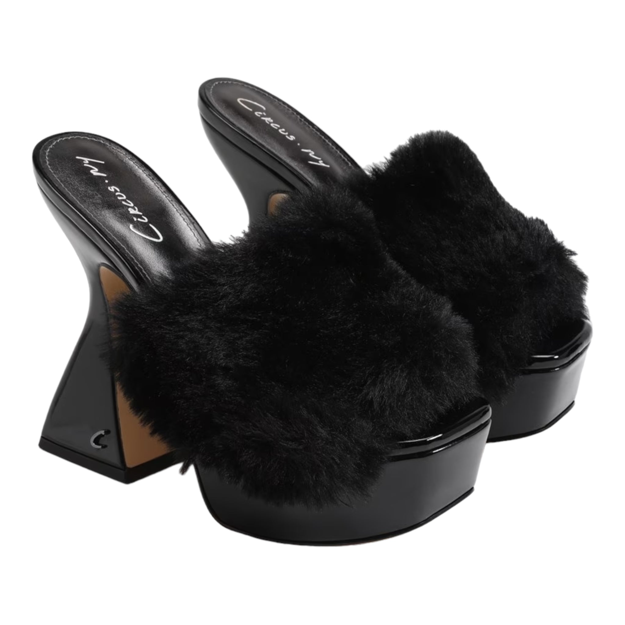 CIRCUS NY FUR STRAP CAKESTAND HEELED MULE IN BLACK