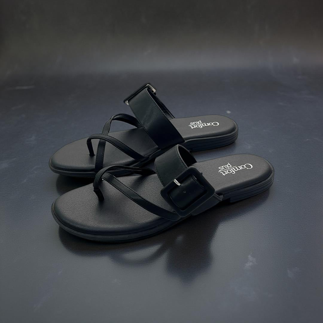 Comfort Plus Cross Toe Thong Slippers in Black