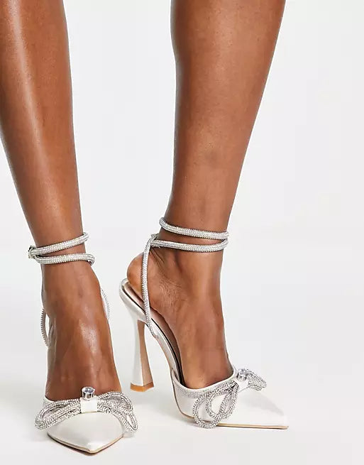 BE MINE IVORY SATIN ARMELA DIAMENTA BOW HEELED SHOES