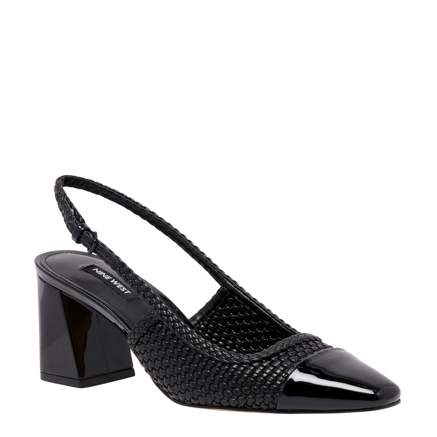 Nine West Toe Cap Woven Leather Block Heel Pump in Black
