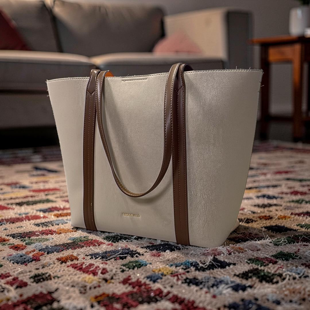 Chrisbella Large Matte Leather Bag in Biege