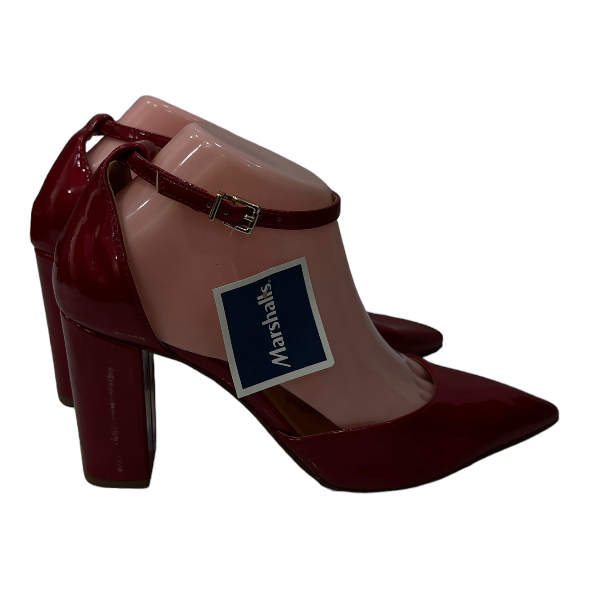 JESSICA SIMPOSN PATENT POINTED TOE BLOCK HEEL PUMP IN RED