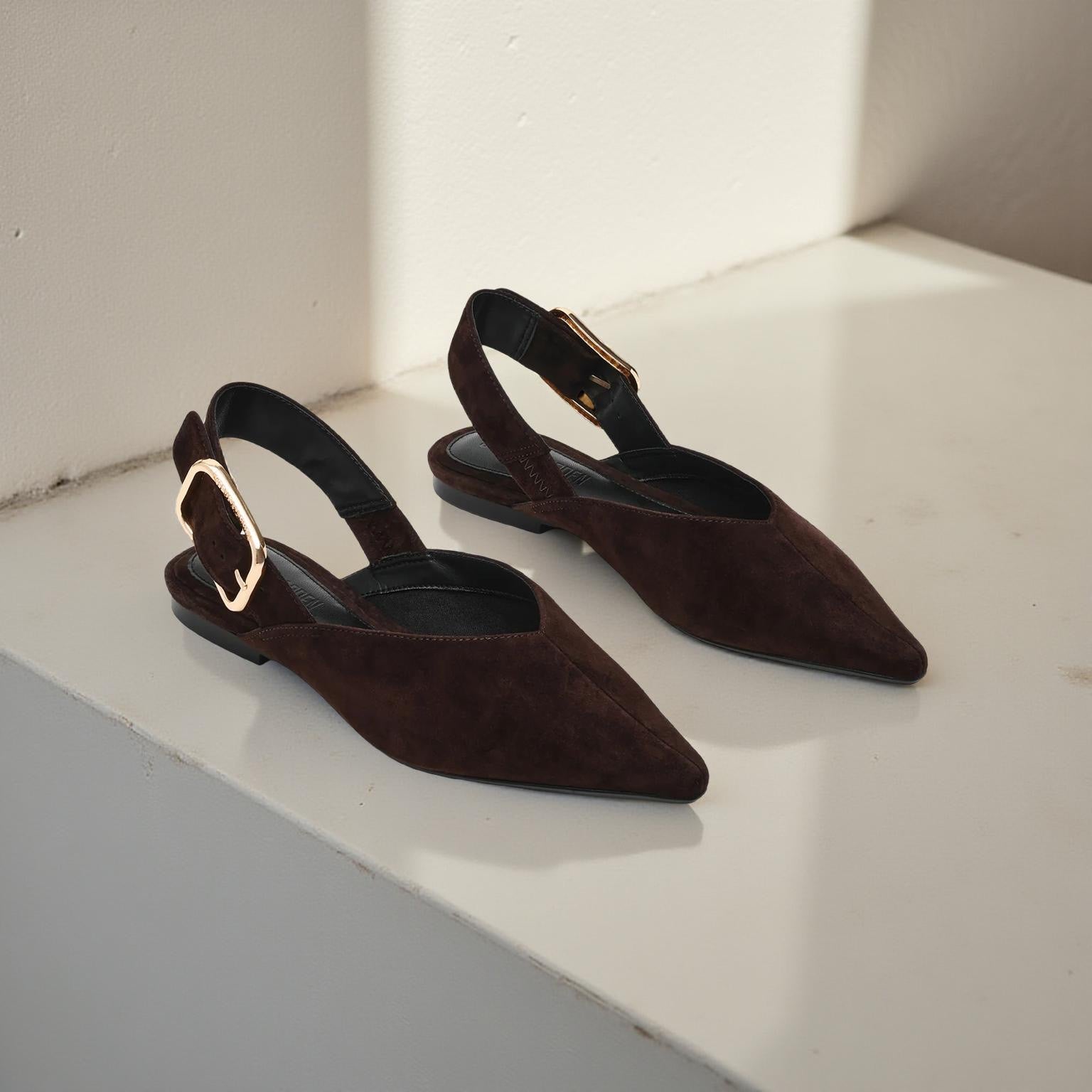 Steve Madden Suede Buckle Detail Pointed Toe Flat in Dark Brown