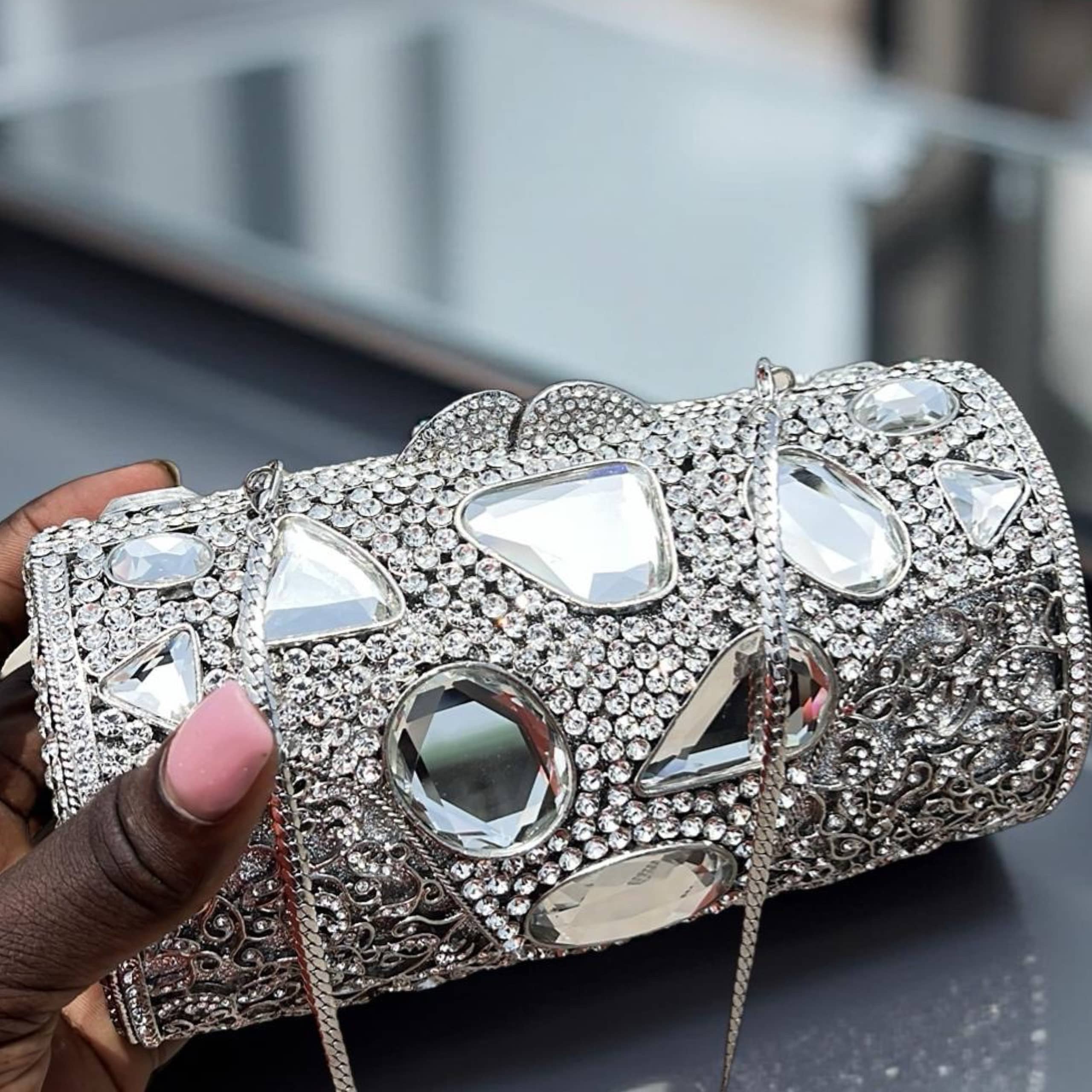 Monaco Sparkle Clutch Silver Rhinestone Evening Bag with Chain Strap