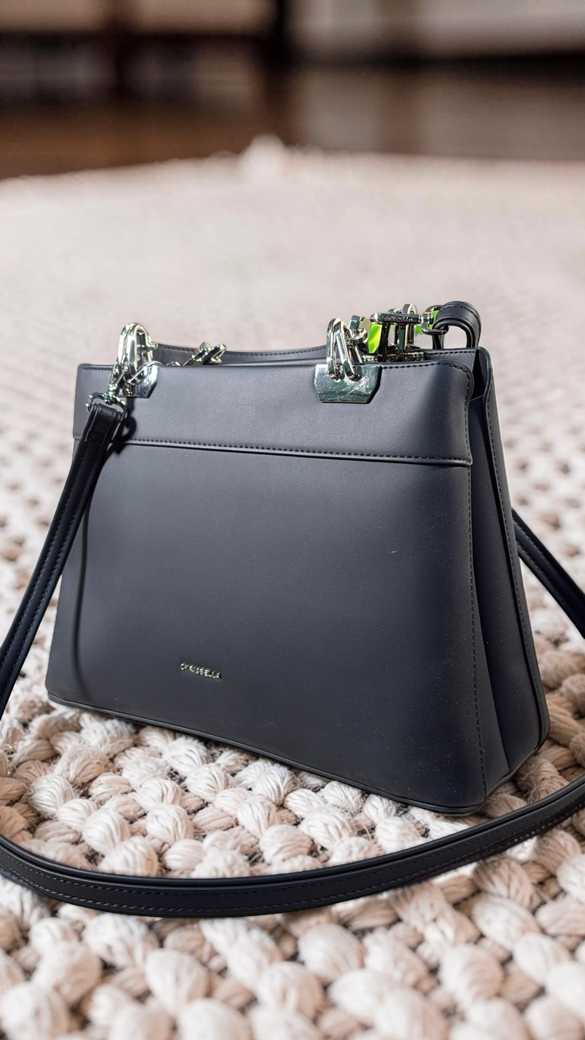 Chrisbella Metal Detail Double Handle 2-in-1 Bag in Black