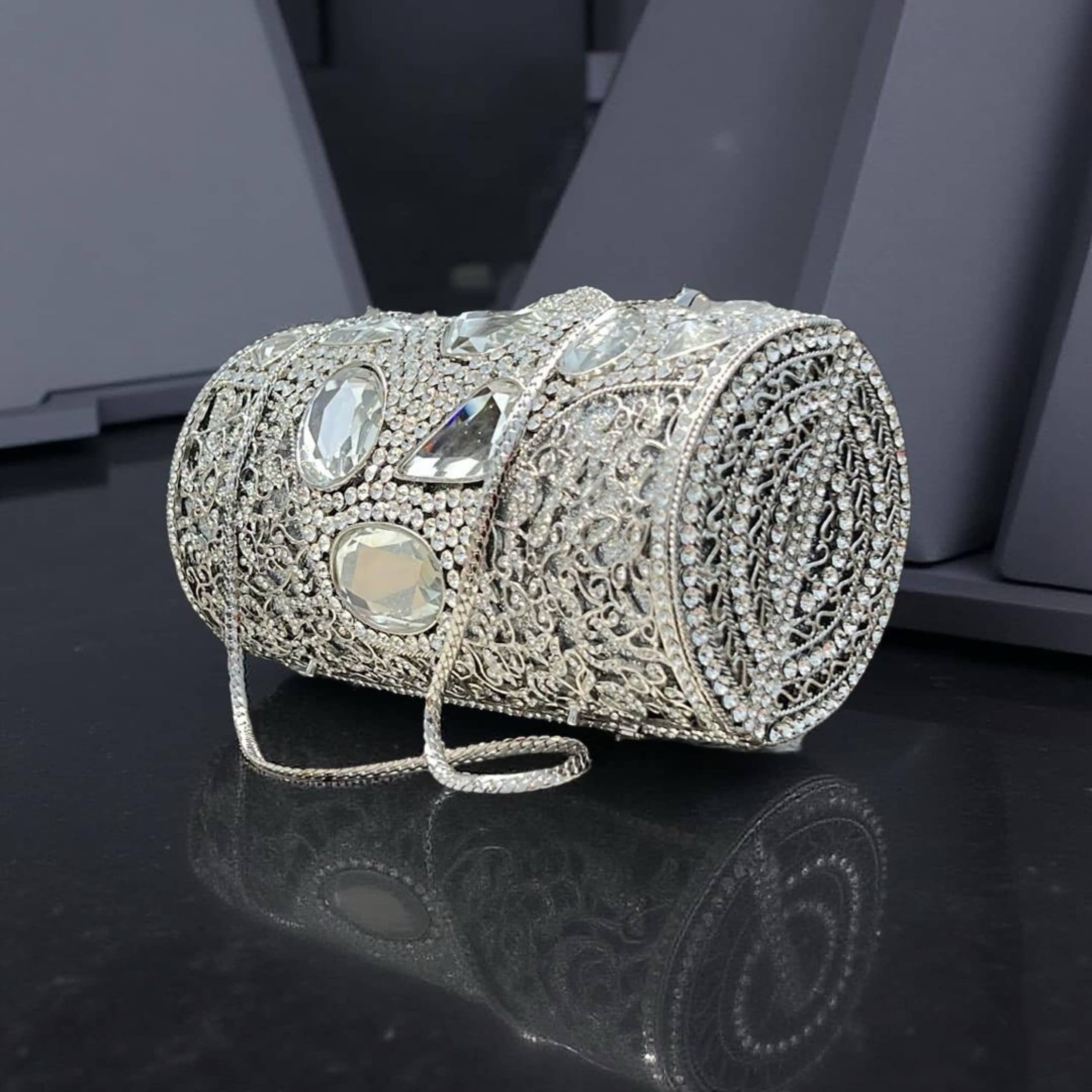 Monaco Sparkle Clutch Silver Rhinestone Evening Bag with Chain Strap