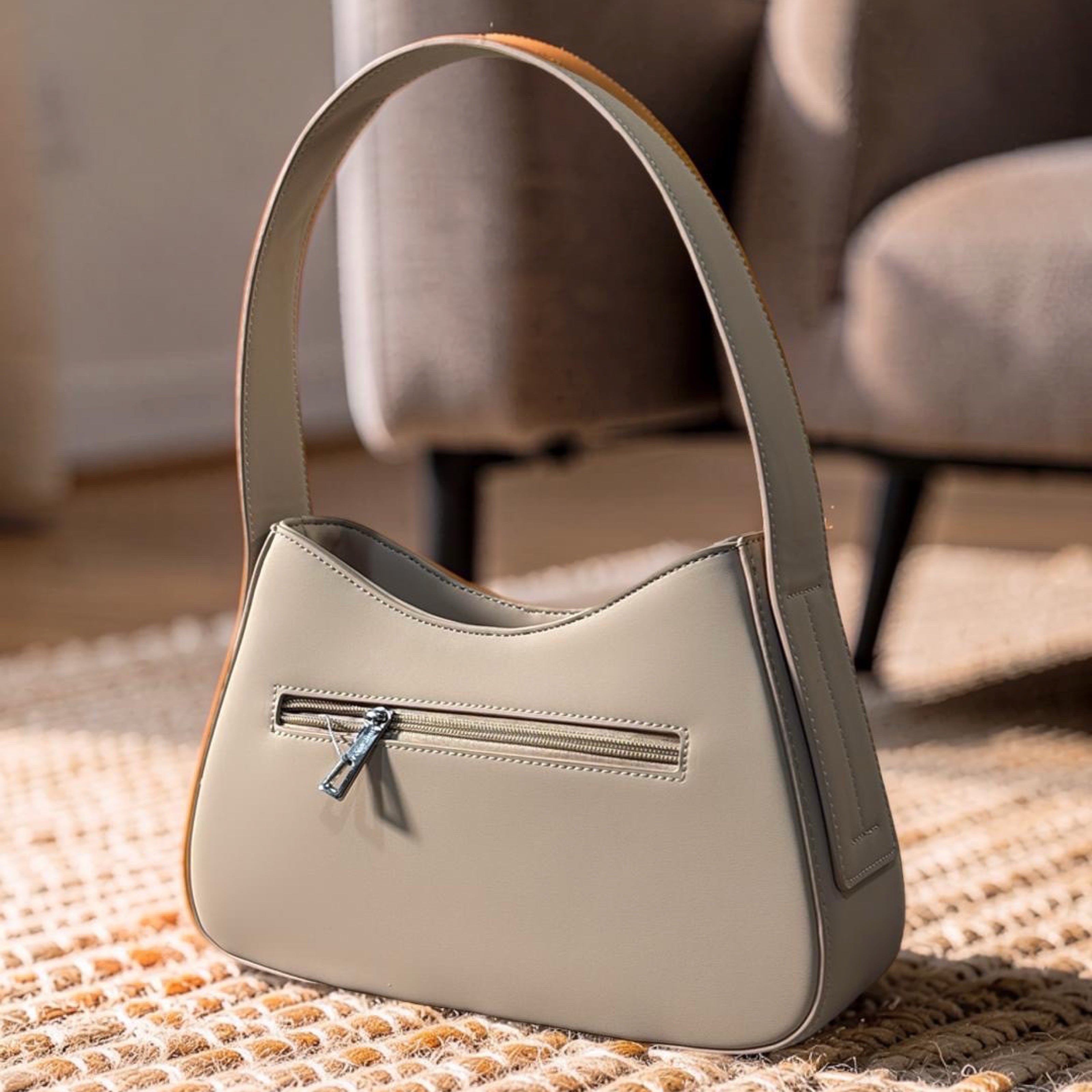 Chrisbella Mat Deisgn Single Strap Shoulder Bag in Beige
