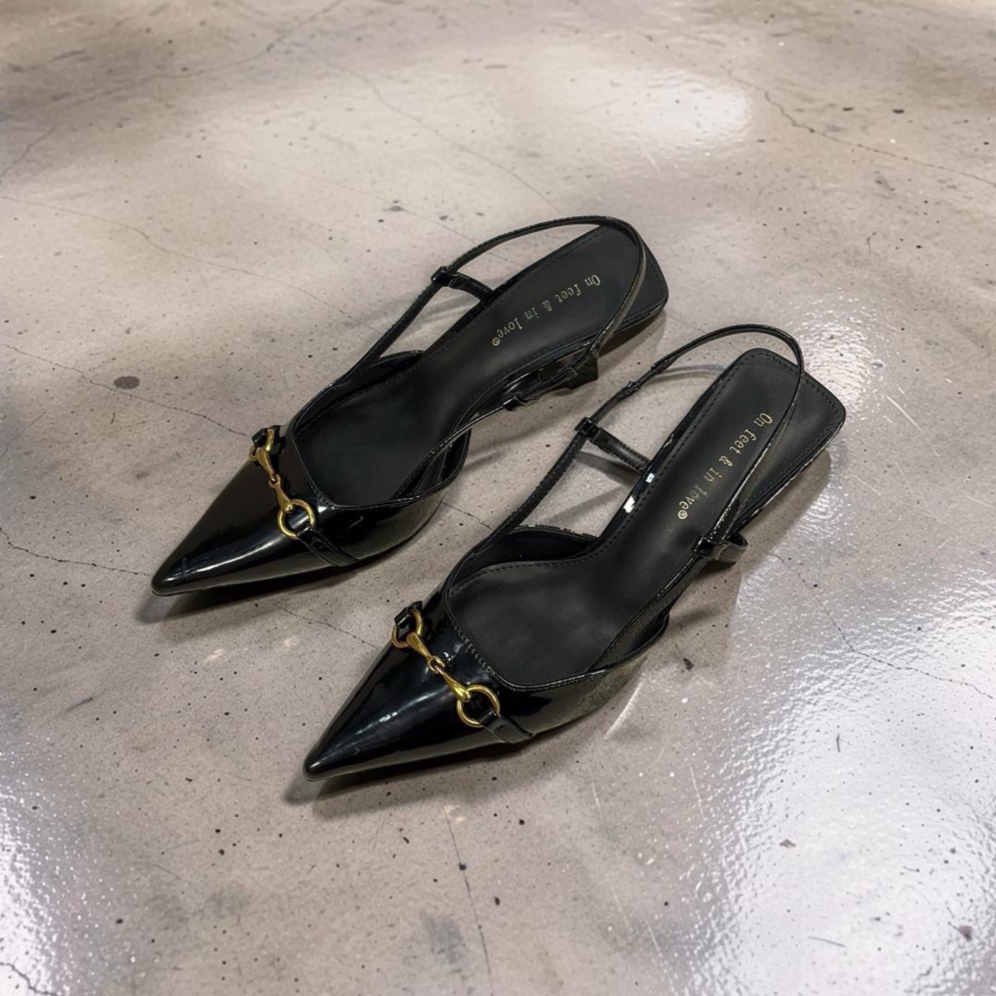 On Feet & In Love Bell Detail Pointed Toe Slingback Heels in Black