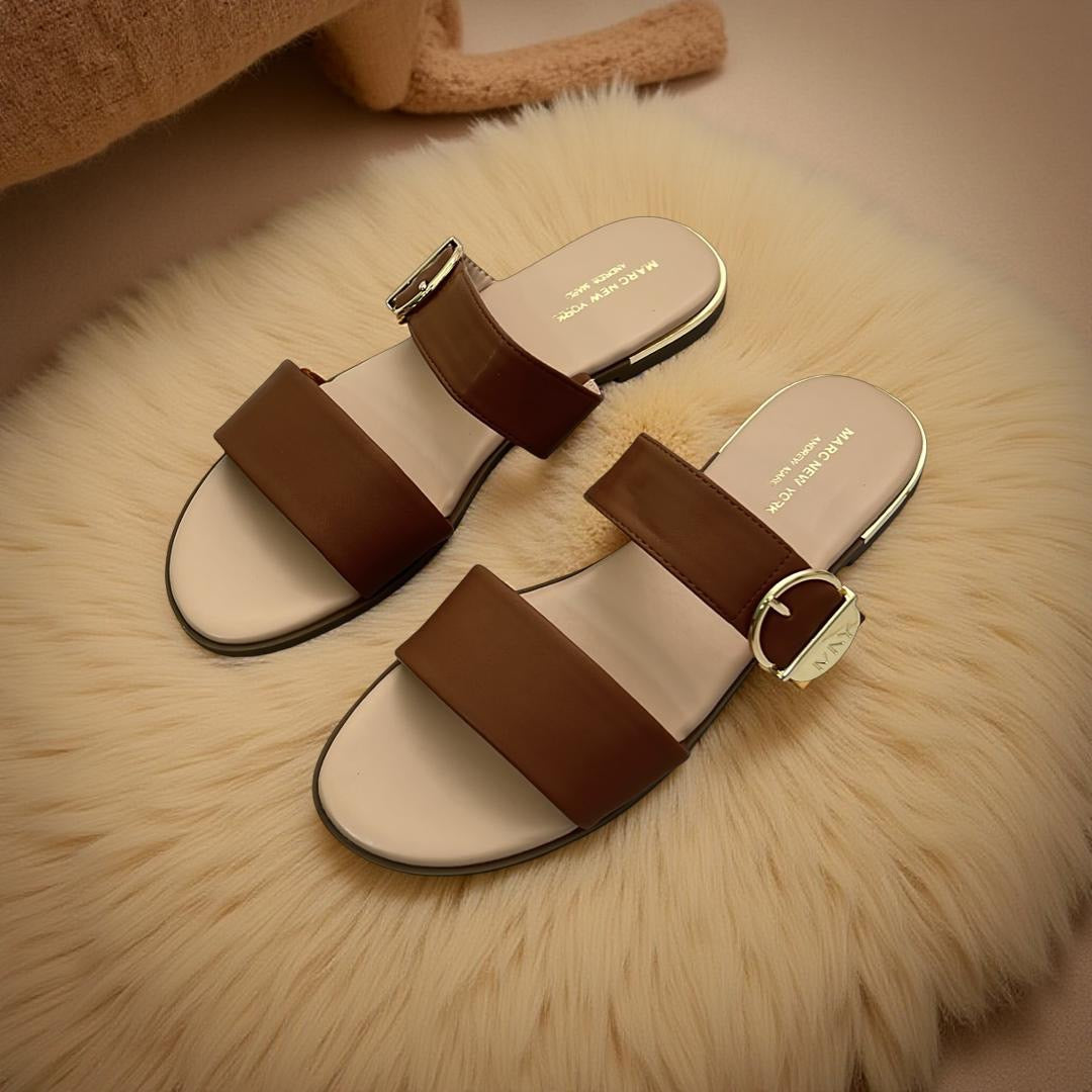 Andrew Marc Double Strap Buckle Detail Slippers in Brown
