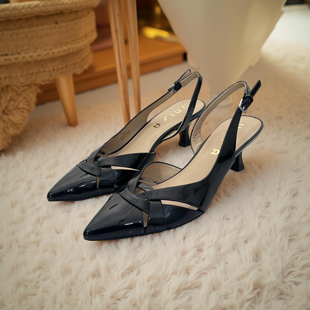 Unisa Patent Leather Pointed Toe Slingback Kitten Heels in Black