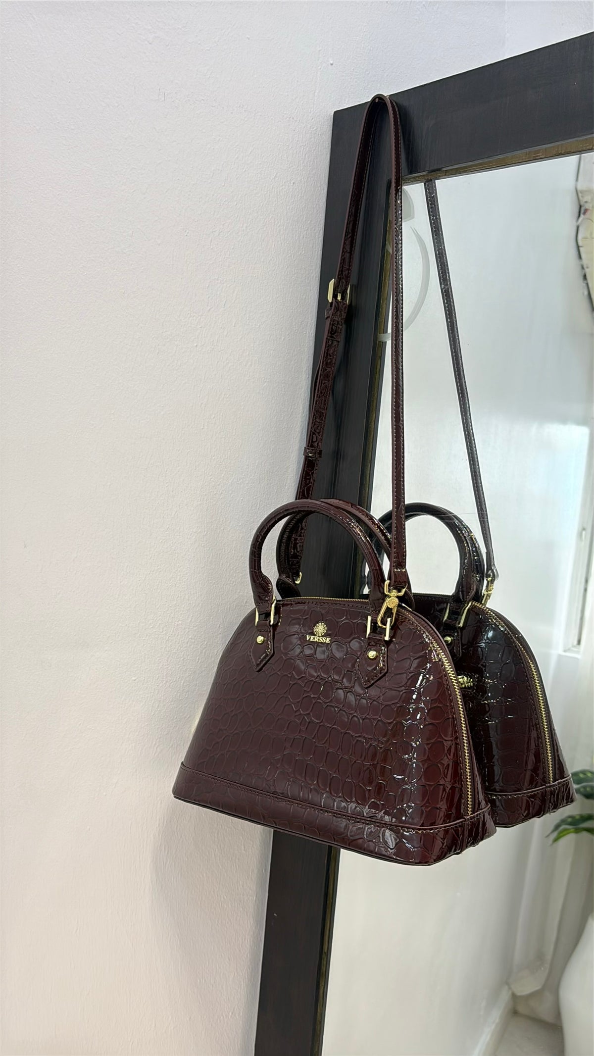 Versse Faux Croc Patent Leather Bag in Coffee