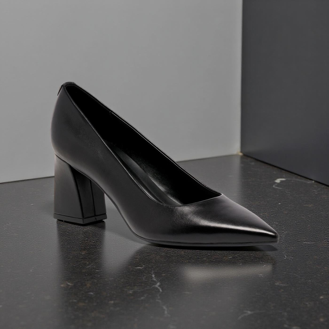 Nine West Leather Pointed Toe Block Heel Pump in Black