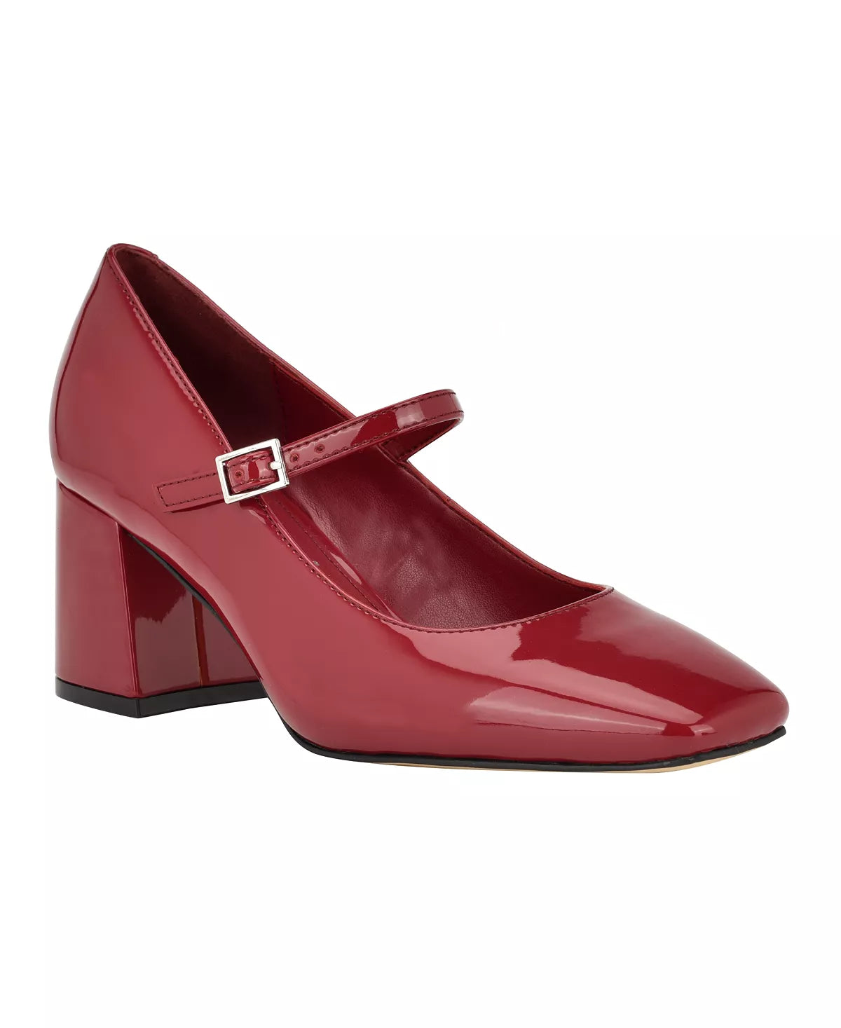 CALVIN KLEIN PATENT SQUARE TOE BLOCK HEEL IN BURGUNDY
