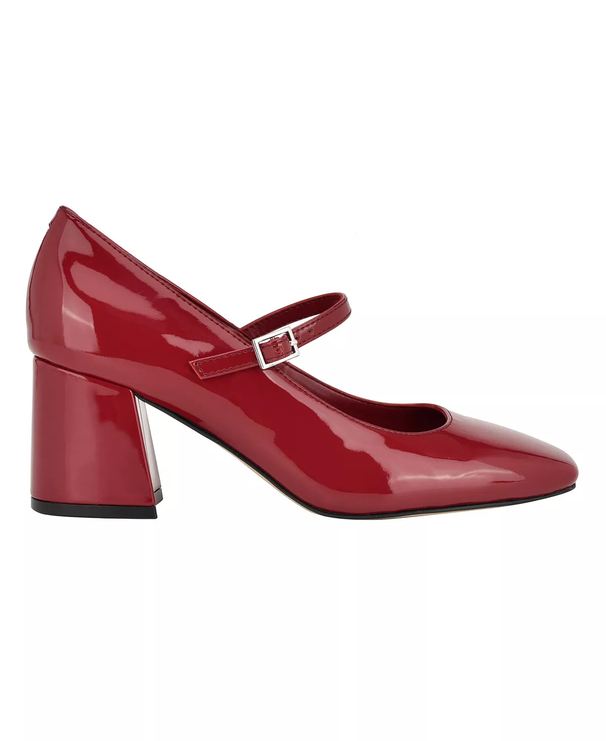 CALVIN KLEIN PATENT SQUARE TOE BLOCK HEEL IN BURGUNDY