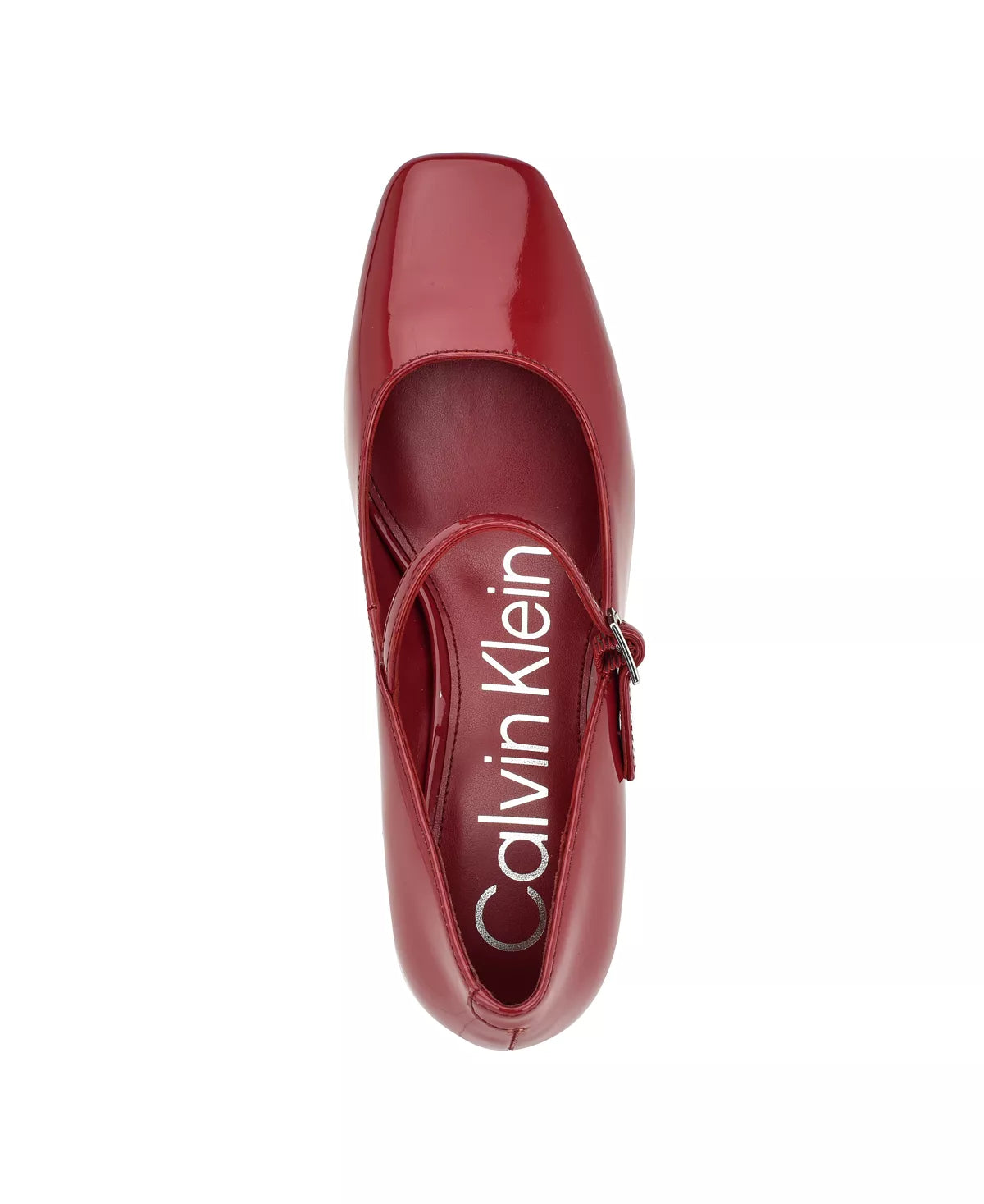 CALVIN KLEIN PATENT SQUARE TOE BLOCK HEEL IN BURGUNDY