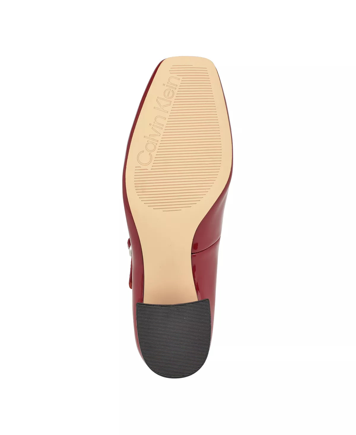 CALVIN KLEIN PATENT SQUARE TOE BLOCK HEEL IN BURGUNDY