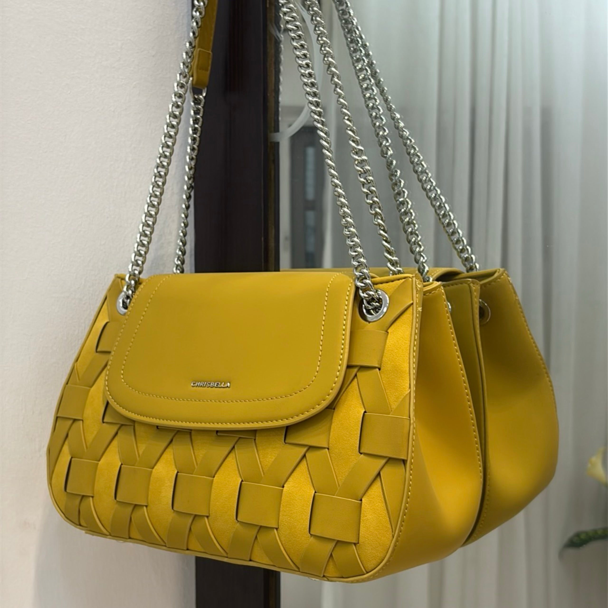 Chrisbella Woven Detail Chain Handle Sling bag in Yellow